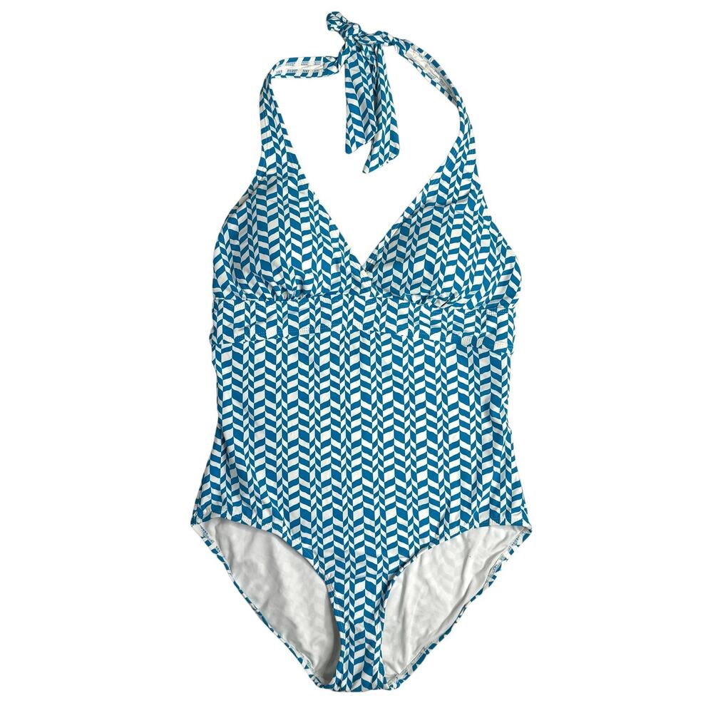 Anne Cole Swimsuit Womens 10 Blue Geometric One Piece Halter Lined Stretch NEW